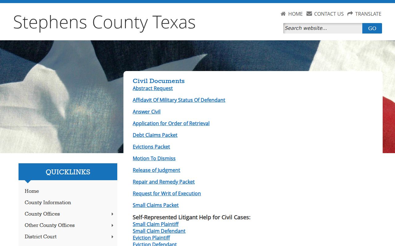 Stephens County civil court docket JP forms page