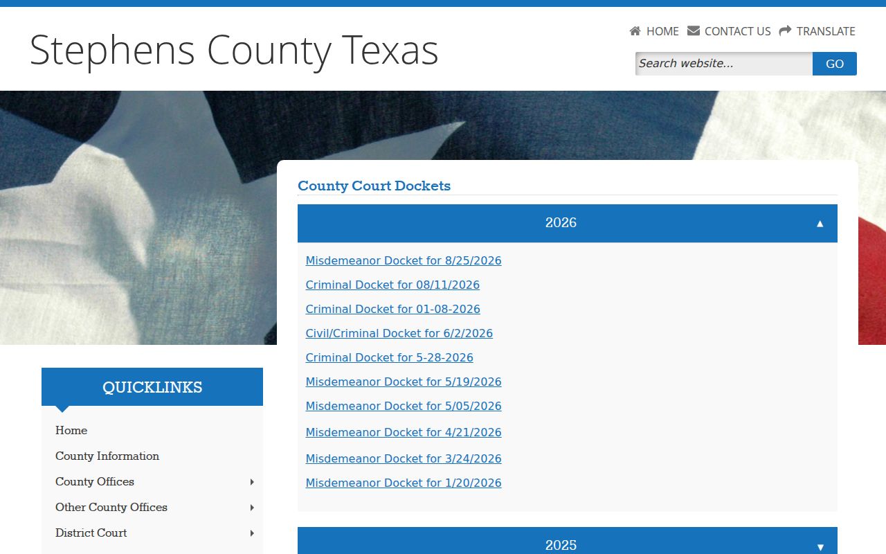 Stephens County court docket archive with yearly PDF links